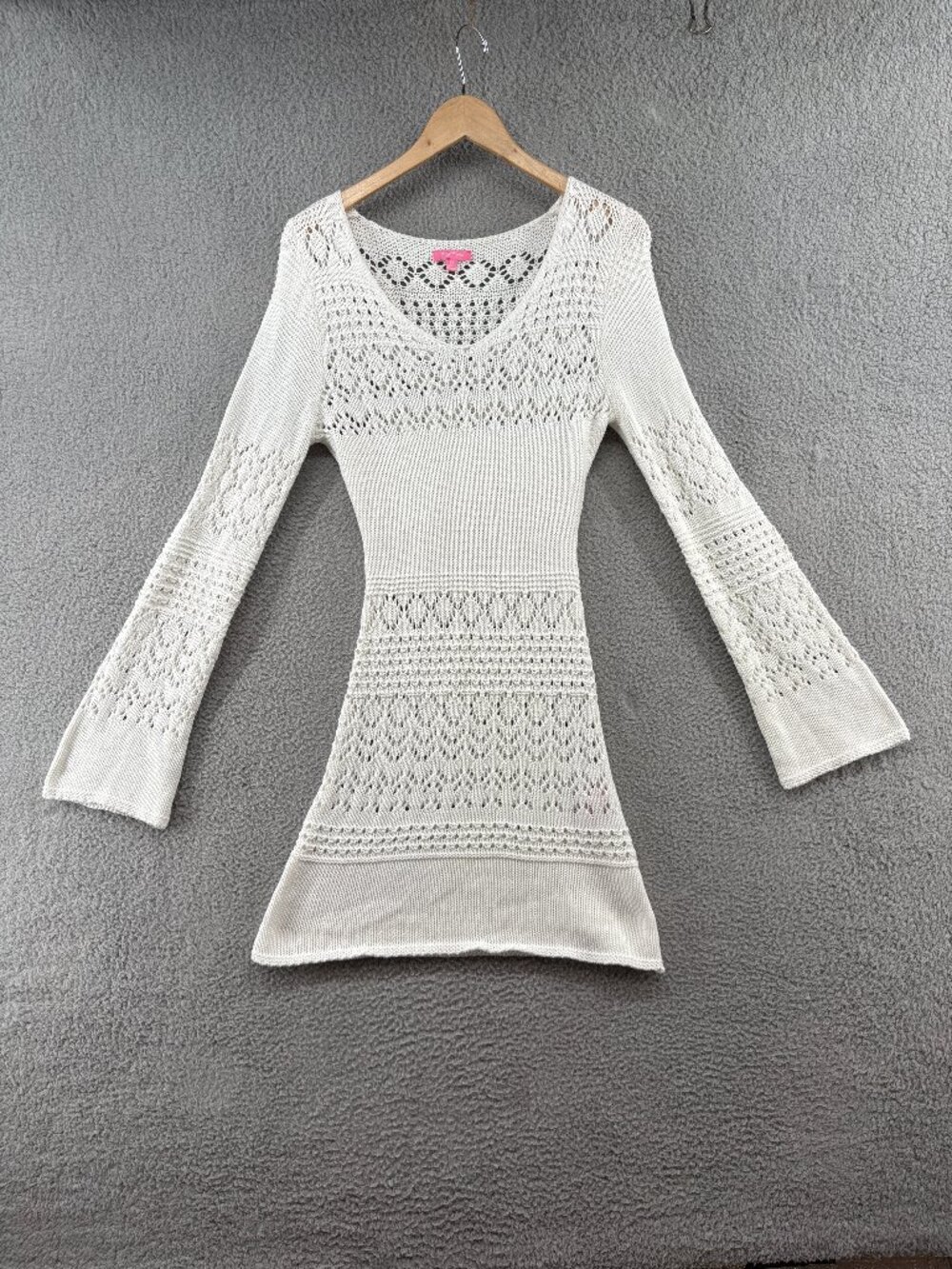 Dolls Kill Sugar Thrillz California Dreamin Crochet Mini Dress M Bell Sleeve - Picture 3 of 15
